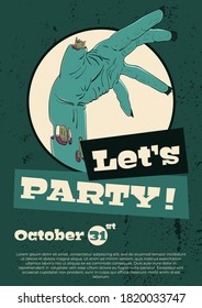 Vector illustration for Halloween. The concept of invitation, postcard, flyer for Halloween. Can be used for web, print. Illustration contains: a cool zombie hand inviting to a party, space for text.