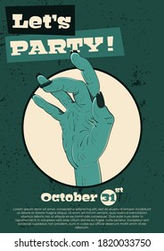 Vector illustration for Halloween. The concept of invitation, postcard, flyer for Halloween. Can be used for web, print. Illustration contains: a cool zombie hand inviting to a party, space for text