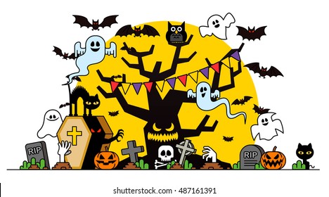 Vector illustration - Halloween concept template scary graveyard dead tree ghosts pumpkin bat full moon