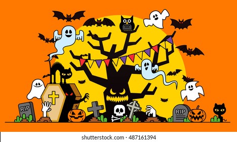 Vector illustration - Halloween concept template scary graveyard dead tree ghosts pumpkin bat full moon