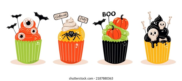 Vector illustration of halloween cupcakes on white background. Happy halloween, scary sweets