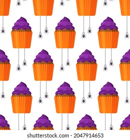 Vector illustration of halloween cupcakes pattern. Wrapping paper for holiday costume parties. 