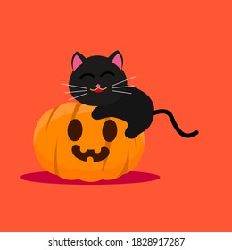 Vector Illustration for Halloween, Cute Black Cat on the pumpkin