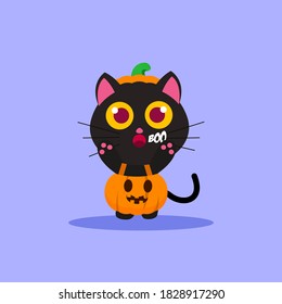 Vector Illustration for Halloween, Cute Black Cat Wearing jack-o-lantern Costume