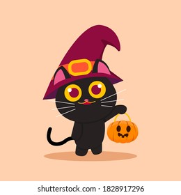 Vector Illustration for Halloween, Cute Black cat Carrying Pumpkin