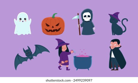 Ilustración vectorial de personajes lindos de Halloween. Juego de personajes de Halloween, fantasma, calabaza, segador, gato negro, murciélago, bruja, vampiro.