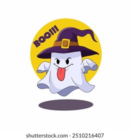 Vector illustration of Halloween cute ghost spooky boo. Halloween party concept. Mystical drawings for decoration, greeting card, poster, banner, logo. Spooky cartoon elements.