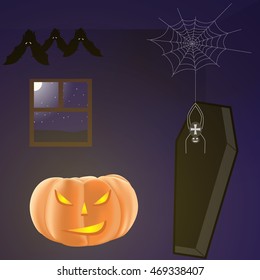 Vector illustration of halloween dark room with pumpkin, bats, spider and a coffin