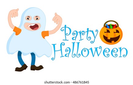 Vector illustration of Halloween day. A child dressed as a ghost goes to a party