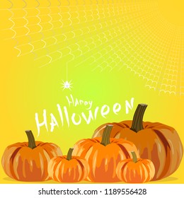 Vector illustration for Halloween Day. The illustration depicts five pumpkins of different sizes, a white web and a white spider on a greenish-green background and an inscription of happy Halloween.
