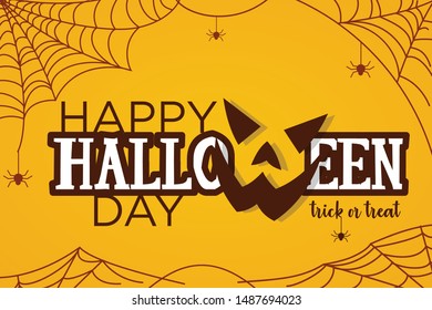 Vector illustration for Halloween day. Happy Halloween day text banner. Autumn poster with pumpkin, web, spider. Vector illustration EPS.8 EPS.10