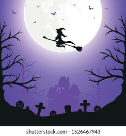 Vector illustration Halloween day. The witch riding a broom through the full moon.