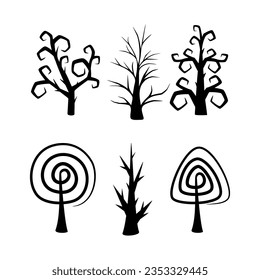 Ilustración vectorial del árbol decorativo de Halloween. Siluetas negras sobre un fondo blanco.
