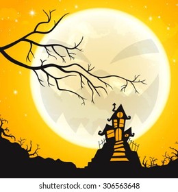 Vector Illustration of a Halloween Design with Haunted House