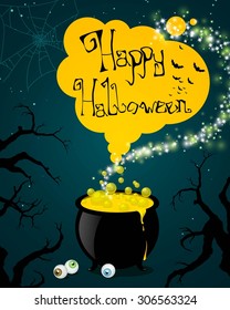 Vector Illustration of a Halloween Design with Witch Crafting Pot