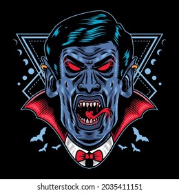 Vector Illustration of halloween dracula vampire with vintage retro cartoon style in black background. Good for logo, background, t shirt