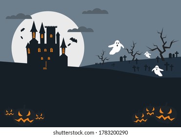 Vector illustration for halloween. Dracula's castle or haunted house on the background of the moon at night