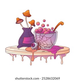 Vector illustration of Halloween drink like potion with web, human eye ball. Witch pouch with witchcraft mushrooms. Coffee shop, drink, bar, cafe concept. For Halloween design,  menu decoration.