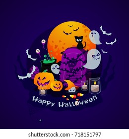 Vector Illustration Halloween Elements with Green Poison Pot, Bats, Ghost and Pumpkins in Graveyard Full Moon. Greeting Card Celebrating Happy Halloween with handwritten lettering Happy Halloween. 