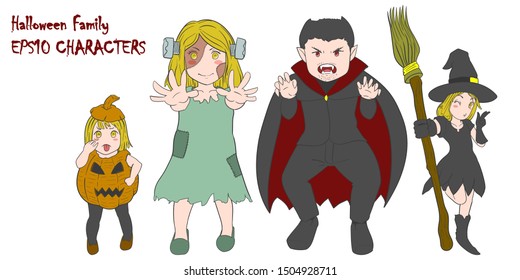 vector illustration of halloween family charaxters, vampire, undead, witch and pumpkin