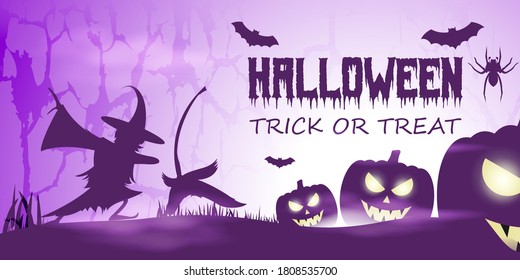 Vector illustration of halloween festival with scary pumpkins, flying bats, witch and her broom in front of fullmoon, spooky night Halloween poster.