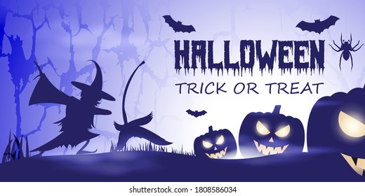 Vector illustration of halloween festival with scary pumpkins, flying bats, witch and her broom in front of fullmoon, spooky night Halloween poster.