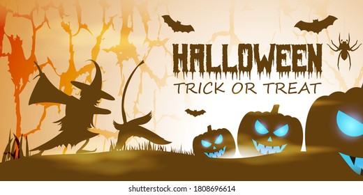 Vector illustration of halloween festival with scary pumpkins, flying bats, witch and her broom in front of fullmoon, spooky night Halloween poster.