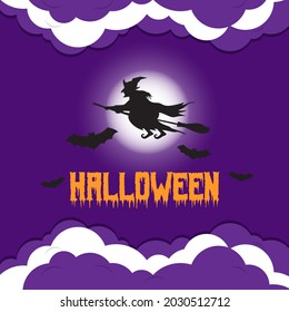 Vector illustration of halloween festival with scary pumpkins, flying bats, witch and her broom in front of fullmoon, spooky night Halloween poster.