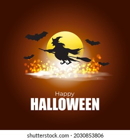 Vector illustration of halloween festival with scary pumpkins, flying bats, witch and her broom in front of fullmoon, spooky night Halloween poster.