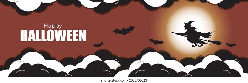 Vector illustration of halloween festival with scary pumpkins, flying bats, witch and her broom in front of fullmoon, spooky night Halloween poster.
