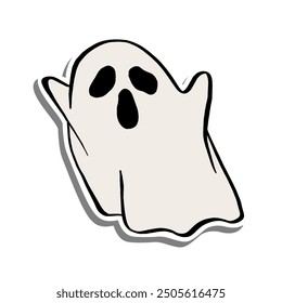 Vector illustration of Halloween Floating Ghost Scary. Cartoon Line with Color on white silhouette and Gray shadow.