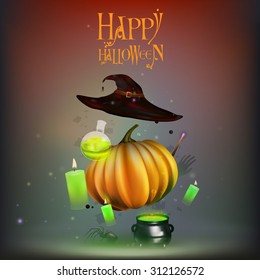 Vector illustration Halloween flying objects. Pumpkin, witch hat, cauldron, candles, spider, Jack-o'-lantern. Happy halloween. EPS 10