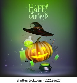 Vector illustration Halloween flying objects. Pumpkin, witch hat, cauldron, candles, spider, Jack-o'-lantern. Happy halloween. EPS 10
