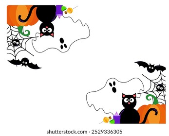 vector Illustration halloween frame square rectangle border background with ghost, Black cat, lollipop, pumpkin, bat, spider, web and potion
