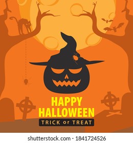 Vector Illustration Halloween Fullmoon Party, with scary pumpkins 