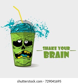 Vector illustration of Halloween funny cup of drink .Can be used for T shirt design or invitation for Halloween. Cup of drink look like a  zombie had with brain