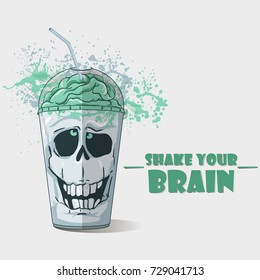Vector illustration of Halloween funny cup of drink . Can be used for T shirt design or invitation for Halloween. Cup of drink look like a scull with brain 