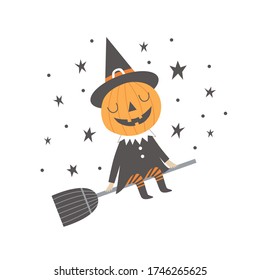 Vector illustration for Halloween with funny pumkin witch on a broomstick.