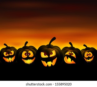 Vector illustration to Halloween with funny pumpkins at sunset