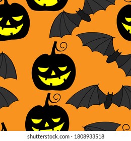 Vektorgrafik zu Halloween, witzige Kürbis und Fledermaus, Ornament für Tapeten und Stoff, Umhüllungspapier, Hintergrund für die Scrapbooking