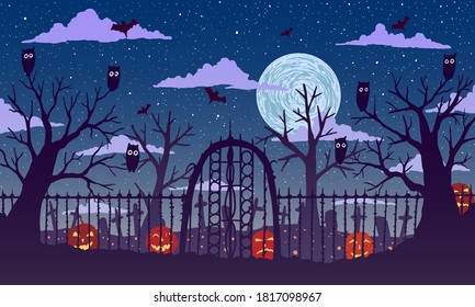 Vector illustration. Halloween. Gates with fencing among pumpkins and cemetery at night.