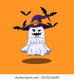 Vector illustration of Halloween ghost spooky. Halloween party concept. Mystical drawings for decoration, greeting card, poster, banner, logo. Spooky cartoon elements.