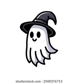 vector illustration of halloween ghost wearing witch hat in cartoon style isolated on white background
