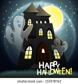 Vector illustration of halloween ghosts in an old house