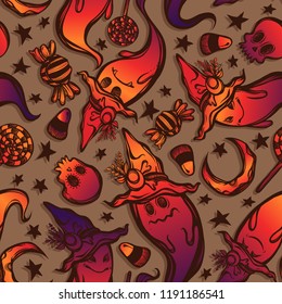 Vector illustration, Halloween, ghosts in witch hats, skulls, sweets, mysticism. Handmade, seamless pattern, dark background, prints on T-shirts