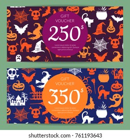 Vector illustration halloween gift card or voucher templates with witches, pumpkins, ghosts, spiders silhouettes with place for text