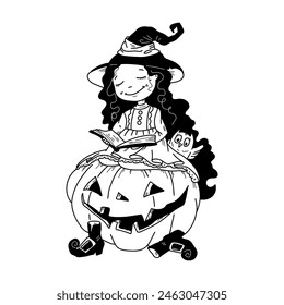 Vector illustration of Halloween girls in hand drawn doodle style