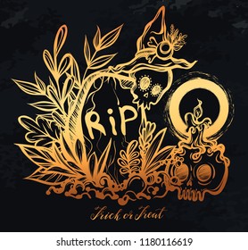 Vector illustration, Halloween, grave, skull with candles, witch hat, mysticism. Handmade, prints, background chalkboard, gold color
