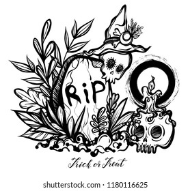 Vector illustration, Halloween, grave, skull with candles, witch hat, mysticism. Handmade, prints, background white