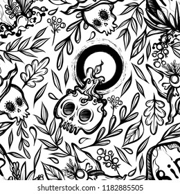 Vector illustration, Halloween, grave, skull with candles, witch hat, mysticism. Handmade, prints, background light,seamless pattern